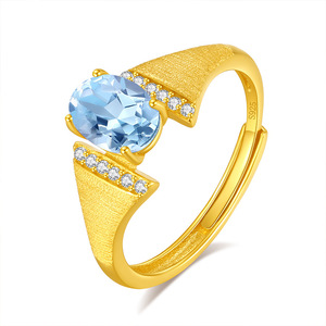 Anillo Ajustable Vintage de Plata de Ley 925 Chapado en Oro Mate con Piedras Naturales Ovaladas de 5*7mm, Joyería de Cristal para Mujer - Product Image 1