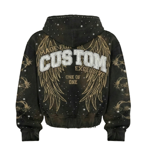 Mens Hoodies <strong>Tracksuit</strong> Custom logo 100% Cotton Black Distressed Oversized Acid Wash Print 500gsm Rhinestone Hoodie for Man - Product Image 3