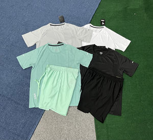Ensemble de course 2 pièces pour homme avec logo imprimé, t-shirt à séchage rapide et <span class=keywords><strong>short</strong></span> de sport noir respirant, survêtement d'entraînement - Product Image 1