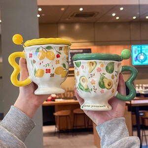 High-quality Ceramic <b>Cups</b> with LIDS and Spoons Cute Fruit Mugs for Girls Office Coffee <b>Cups</b> Birthday Gifts - Product Image 1