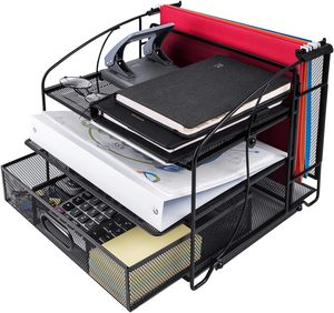 <span class=keywords><strong>Bureau</strong></span> rectangulaire en maille 3 plateaux avec <span class=keywords><strong>tiroir</strong></span> coulissant et porte-fichiers suspendus Organisateur de <span class=keywords><strong>bureau</strong></span> noir - Product Image 2