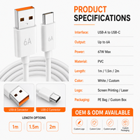 Câble de charge rapide USB-A vers Type-C 67W 6A à charge turbo haute vitesse, cordon de chargeur en PVC pour smartphones Redmi, vente en gros