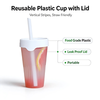 Bouteille en plastique PP côtelée jetable de 500 ml (16 oz) résistante à la chaleur, à rayures verticales, pour emballage de thé au lait, thé au citron, avec couvercle