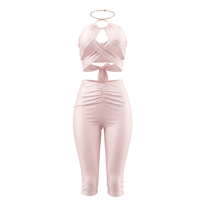 Viviblook C26ST219 Women <b>Set</b> New <b>Sexy</b> Sleeveless Solid Color Hollow Halter Tank Top Tight Cropped Pants Two Piece <b>Set</b> - Product Image 5