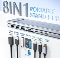 Support portable en alliage d'aluminium pour téléphone portable et tablette, multifonction 8 en 1, hub USB-C, HD 4K, USB 3.1, support réglable pour ordinateur portable