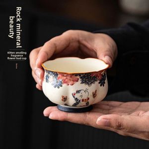Mineral White Cat Pattern Scent Tea Cup, Handmade Ceramic Personal Tasting Cup, Single Kung Fu Tea Ware for Gift - Product Image 1