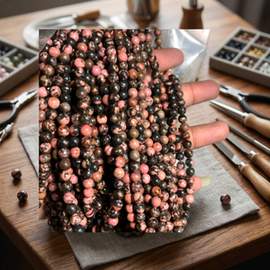 Perles rondes en rhodonite naturelle, pierres roses et noires, pour la fabrication de bijoux, bracelets, colliers, DIY - Product Image 3