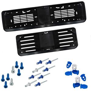 Kit de support de plaque d'immatriculation avant et arrière en polypropylène noir 53x13,5 cm 37,5x12,3 cm avec vis, rivets et boutons - Product Image 1