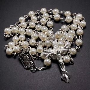 6mm 흰색 또는 붉은 색 유리 진주 구슬 산호 장미 구슬 묵주 큰 가운데 조각 및 십자가 - Product Image 3