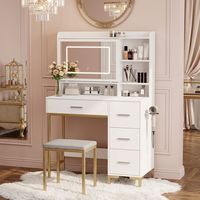 Coiffeuse moderne OEM pour chambre à coucher avec miroir lumineux, chaises, 4 tiroirs, 3 modes d'éclairage réglables, prise de courant et miroir LED coulissant