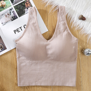 Women's One-Piece Wire-Free Bralette Solid Color Ribbed Tank Top Racerback Breathable Spandex/Nylon Seamless Underwear with Cup - Product Image 6