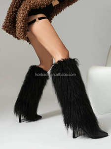 Meşgul kız H4612 diz yüksek Faux kürk çizmeler sonbahar kış kadın Faux tüy kürk püskül yüksek topuklu moğol kürk çizmeler üzerinde kayma - Product Image 6