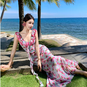 Vestido de Gasa con Volantes Florales, Cuello en V, Corte Regular, Dos Usos, Secado Rápido, Traje de Baño, Verano 2025 - Product Image 1