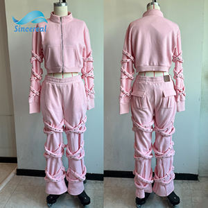 Tuta Sportiva Personalizzata con <span class=keywords><strong>Felpa</strong></span> a Maniche Lunghe <span class=keywords><strong>e</strong></span> Pantaloni <span class=keywords><strong>Cargo</strong></span> da Donna, Set Rosa con Zip - Product Image 2