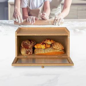 Boîte à pain en bois, boîte de rangement alimentaire en bambou avec couvercle, conteneur à pâtisserie et fruits pour la cuisine, design à couvercle rabattable - Product Image 2