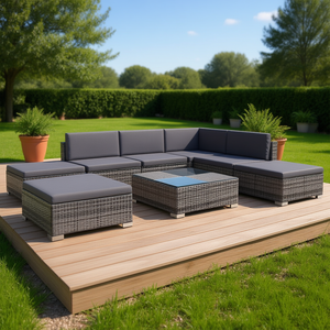 Ensemble de salon de jardin en polyrotin gris, 8 pièces, avec coussins, mobilier d'extérieur, sièges de style moderne pour terrasse de jardin - Product Image 2