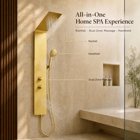 Colonne de douche ultra-mince en acier inoxydable doré brossé avec jets de massage corporels, cascade et mitigeur de salle de bain en céramique pour hôtel