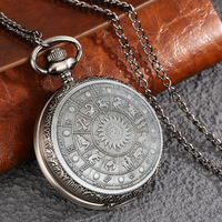 Montre de poche à Quartz avec pendentif en métal gris Antique Steampunk avec chaîne et motif de signes astrologiques