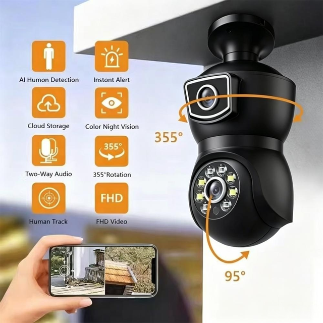 Dual Lens 360 Panoramic Wifi Bulb Camera Two Way Audio Motion Detection Home Security CCTV Security Camera