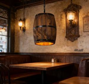 Lustre <span class=keywords><strong>en</strong></span> <span class=keywords><strong>bois</strong></span> de baril de vin suspendu, style industriel rustique vintage, LED, lumière blanc chaud, pour la maison, la cuisine, le restaurant, le bar - Product Image 3