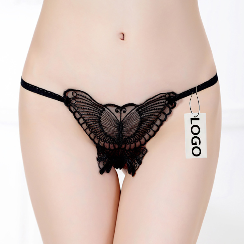 Butterfly Thong celana dalam bordir wanita, celana dalam crotchless bordir harga murah, pakaian dalam renda seksi transparan erotis senar G belakang terbuka