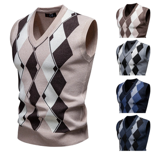 Men's Winter <b>Argyle</b> V-Neck 100% Cotton Fleece Lining Computer Knitted Breathable Jacquard Pullover <b>Sweaters</b> - Product Image 1