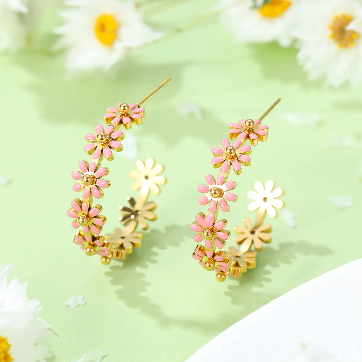 INS hot sale cute daisy flower hoop earrings 18K gold plated 316L stainless steel huggies earring jewelry gift for women girls