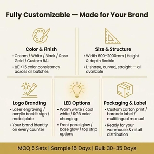 Bureau <span class=keywords><strong>d</strong></span>'<span class=keywords><strong>accueil</strong></span> de luxe avec éclairage LED OEM |   Fabricant en gros de comptoirs de salon personnalisés en or crème brillant - Product Image 5