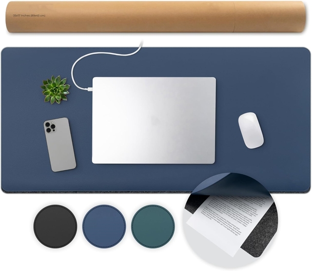 35X17 Inch Non-Slip Felt and Vegan Leather Desk Mat Pad Large Desktop Mat Desk Protector Custom Laptop Desk Mat for Desktop
