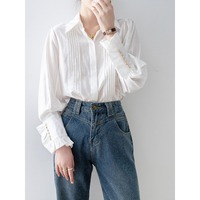 Nouvelle Collection Printemps 2026 – Blouse Blanche Plissée en Gros pour Femme, Manches Ballon, Boutons Perle, Style Chic Français, Élégante et Décontractée, Manches Longues