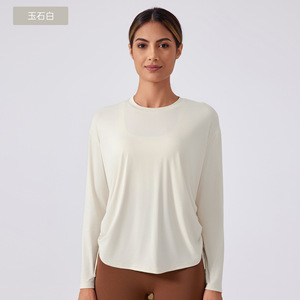 T-shirts de yoga à manches longues avec cordon de serrage latéral, logo personnalisé, style élégant, surdimensionnés, pour la salle de sport, t-shirt de haute qualité pour femmes - Product Image 3