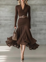 Robe longue à manches longues et col en V, couleur unie, style européen et américain, nouvelle collection automne, grande taille, coupe évasée