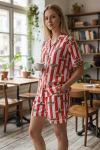 Conjunto de pijama de algodón con estampado de abejas para mujer, top de manga corta y pantalones cortos con rayas rojas, conjunto de ropa de dormir - Product Image 2