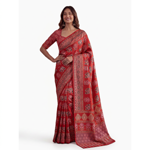 <b>Red</b> Ajrak Digital Print Silk <b>Saree</b> For Women Traditional Wedding Wear Floor Length Wrinkle Free Regular Fit India Pakistan Style - Product Image 1