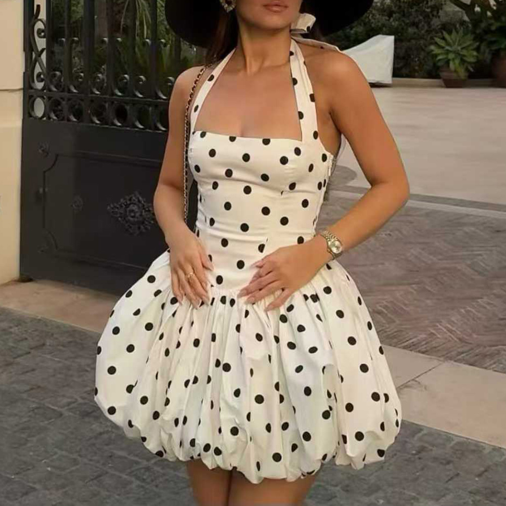 strapless open back dress Black dress with white polka dots KIMATHIE red Hippocampe main image 1