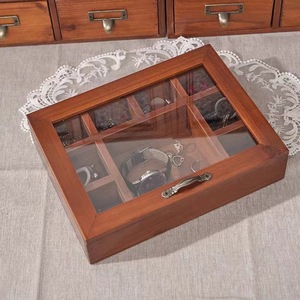 Solid Wood Jewelry <b>Box</b> Grid Storage Desktop Organizer With Glass Lid For <b>Earrings</b> Bracelets Watches Dark Brown Rectangle - Product Image 2