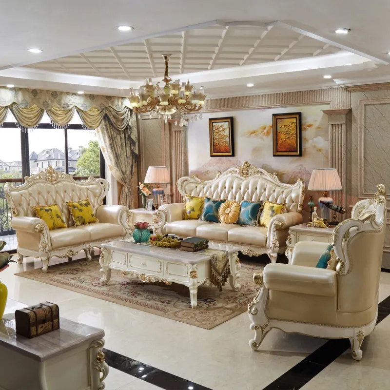 Italienische Luxus-Leder couch im französischen Stil, Möbel Wohnzimmer Sofa garnitur im europäischen Stil Luxus antikes königliches Wohnzimmer Sofa