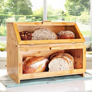 Boîte à pain en bambou à double compartiment, rangement en bois pour cuisine, présentoir à pain couleur naturelle - Product Image 4