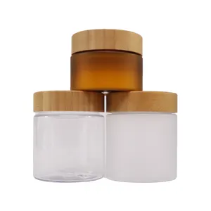 Food grade wood lid empty container 150ml 250ml clear amber PET plastic jar with bamboo lid