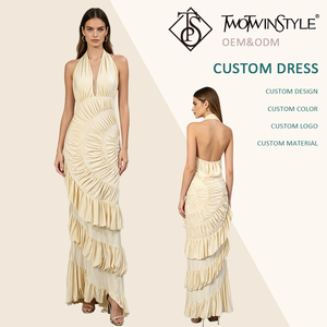 Robe longue chic abricot à col licou froncé pour femme, dos nu, ourlet à volants, idéale pour les soirées et occasions formelles, vente en gros de mode - Product Image 1