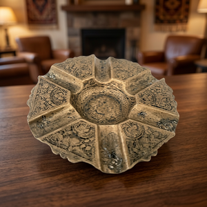 <b>Vintage</b> Brass Round Desktop <b>Ashtray</b> With Intricate Floral Design For Home Decor - Product Image 4