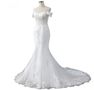 Nouvelle <span class=keywords><strong>Robe</strong></span> <span class=keywords><strong>de</strong></span> <span class=keywords><strong>Mariée</strong></span> Sirène Sexy et Élégante à Col Bateau, Manches Courtes, Dentelle Appliquée, Épaules Dénudées, Laçage, Personnalisable - Product Image 3