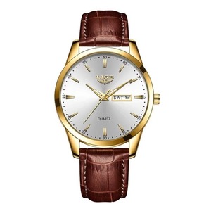 Montre-bracelet à quartz pour homme style affaires avec affichage jour de la semaine et calendrier, lumineuse, étanche, bracelet en cuir marron, montre habillée - Product Image 3