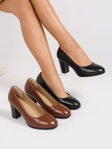 Zapatos de tacón alto marrón de cuero genuino para mujer, cómodos zapatos de tacón grueso con punta cerrada para oficina, zapatos de moda para verano y otoño - Product Image 6