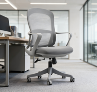 Chaise de bureau ergonomique en maille grise, pivotante et réglable, avec accoudoirs fixes