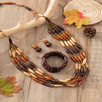 Ensemble collier, boucles d'oreilles et bracelet en perles d'olivier et bois, style ethnique, multi-couches, pour femmes
