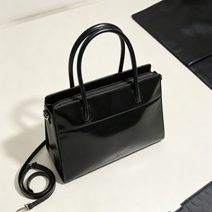 Black Glossy Leather Top <b>Handle</b> <b>Handbag</b> Large Capacity Detachable Strap Office Shoulder Bag - Product Image 4