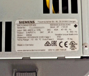 6SE6430-2UD32-2DA0 Micromaster 430 22kW 380-480V PLC - Product Image 3