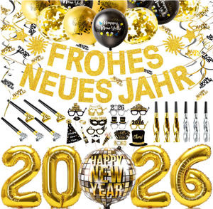 Bannière Joyeux Nouvel An allemande <span class=keywords><strong>Disco</strong></span> 2026, Ballons en feuille métallisée, Ballons imprimés métalliques, Confettis, Trompettes à confettis, Accessoires photo - Product Image 1
