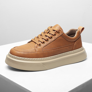 Chunky Shoes Men Autumn Round Toe Pu <b>Leather</b> Lace up Platform <b>Sneakers</b> Light Weight Rubber Outsole EVA Midsole Solid - Product Image 1